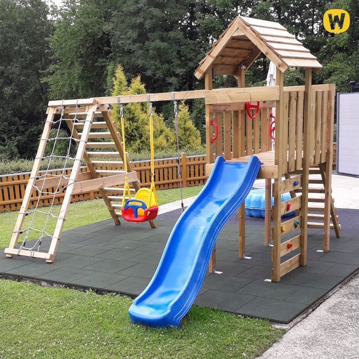 WICKEY RocketFlyer Holzspielbereich mit Doppelschaukel, 220 cm langer pastellblauer Rutsche und Klettergerüst – 10 Jahre Garantie*