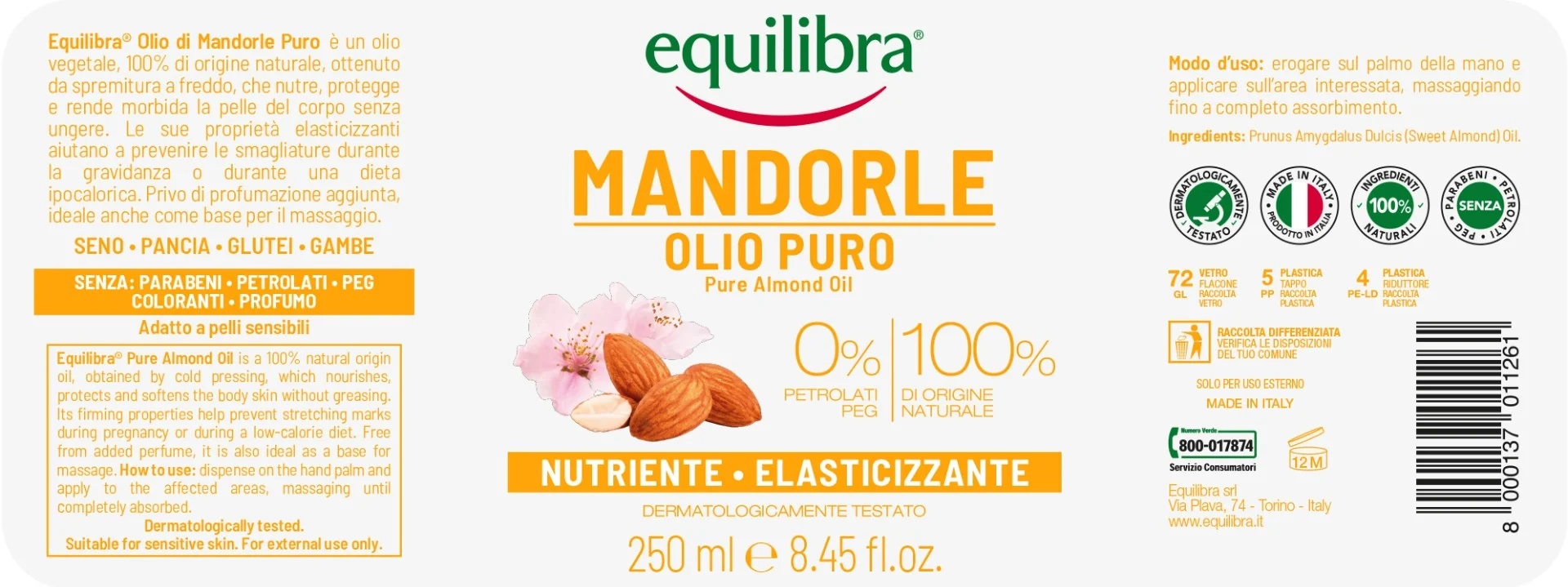 EQUILIBRA Zoete Amandelolie 250 ml Voedend en elastisch