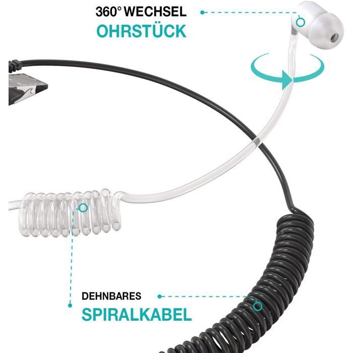 Single-sided in-ear earphone with transparent acoustic tube, 2.5 mm jack and earphone clip for use with hearing aids.