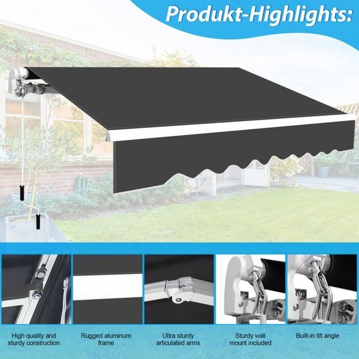 Toldo para balcón o terraza, parasol, protección UV, refugio para el hogar, sombrilla, toldo manual, 3,5 x 3 m, retráctil, exterior, gris.