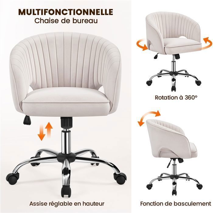Yaheetech Velvet Office Chair with Rounded Tufted Backrest, Swivel, Casters, Height Adjustable Seat, Living Room, Cream