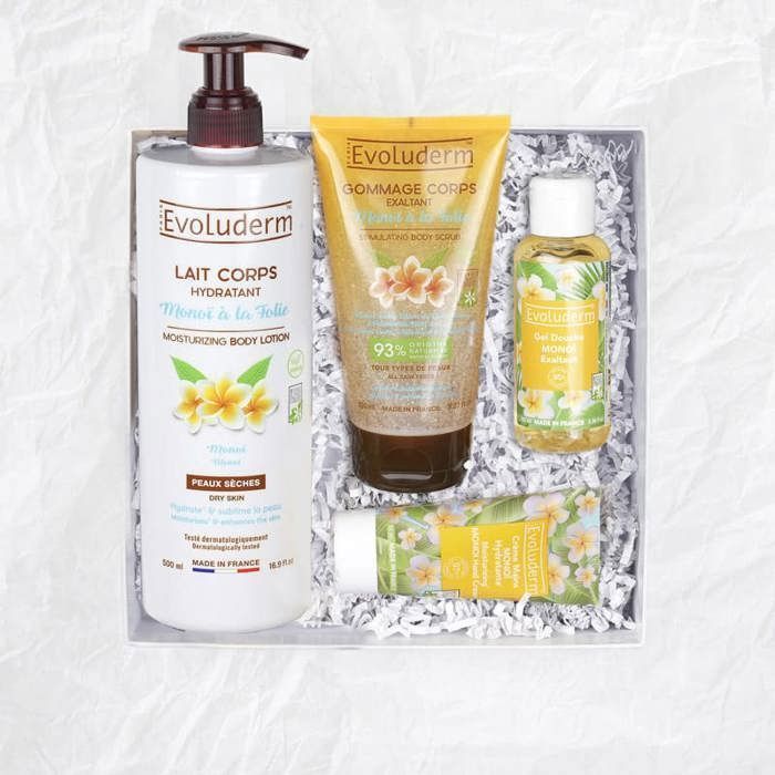 EVOLUDERM - Coffret cadeau Corps Monoï + Crème Mains Offerte - Box Roséa- Idéal cadeau Noël, Anniversaire, Fête des Mères
