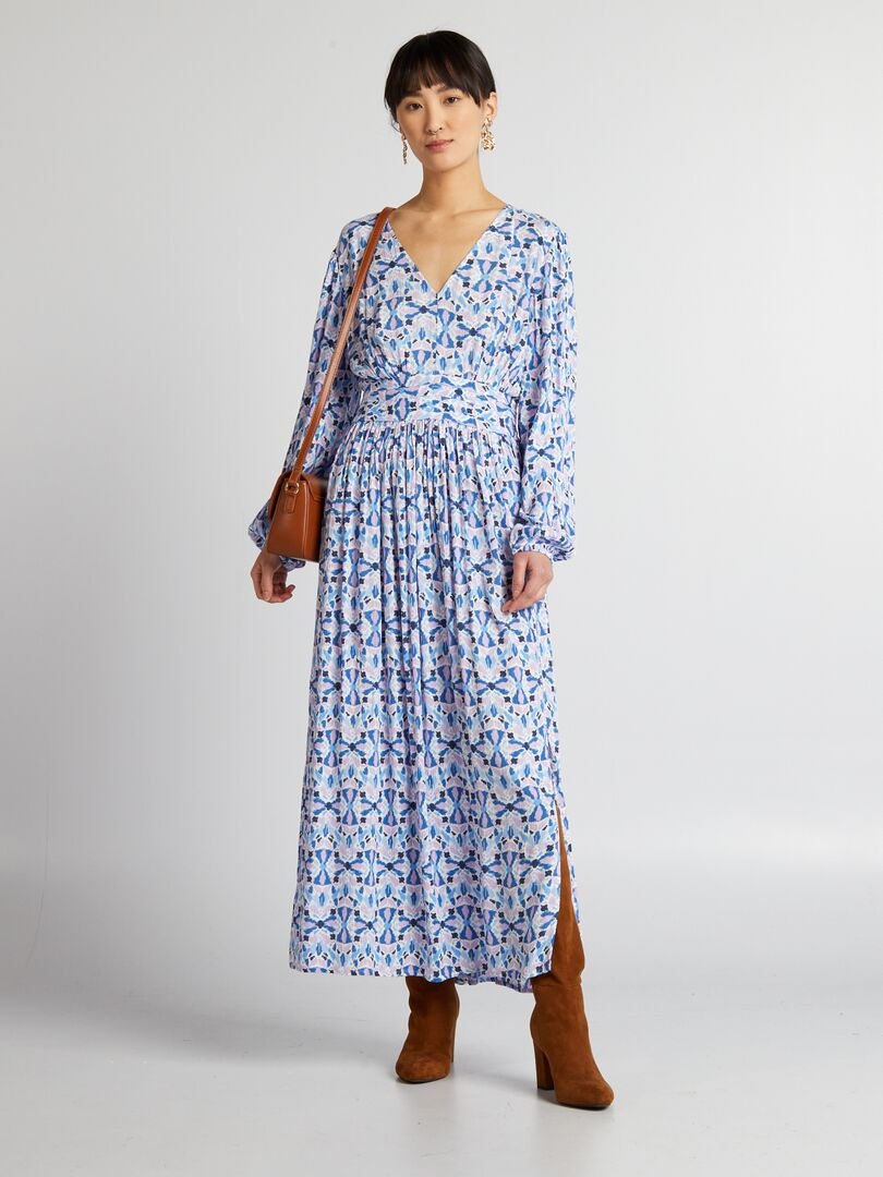 Lange gebreide jurk met crêpe-effect - BLAUW
