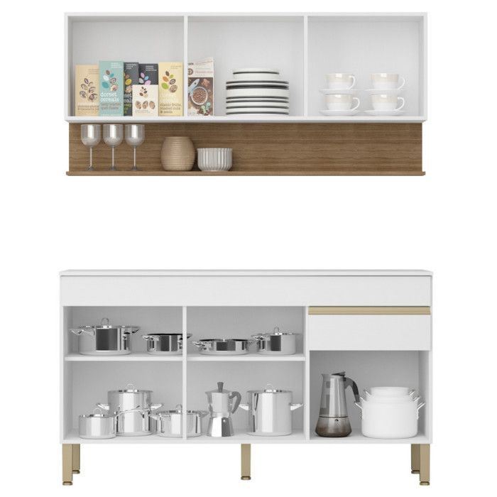 Fitted Kitchen with 6 Doors, 1 Drawer, Oak and White, 9 Niches, W 120 H 200 D 53.3 cm - W 120 x D 53.3 x H 200 cm