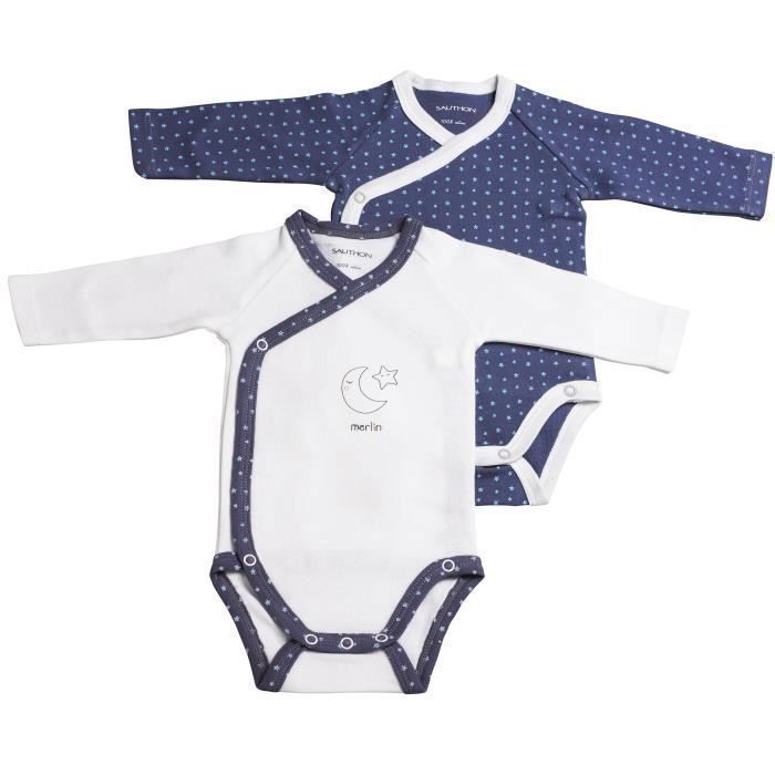 Bodies bébé - Merlin - Lot de 2 - Manches longues - 100% coton - Forme croisée