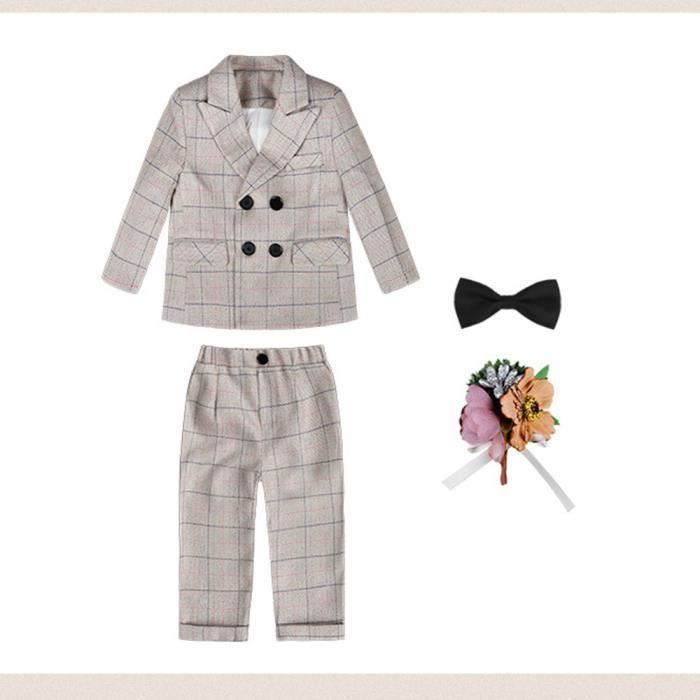 Ensemble 4 Pièces Bébé Enfant Garçons Carreau Vêtement Smokings Soirée Cérémonie Mariage - Kaki