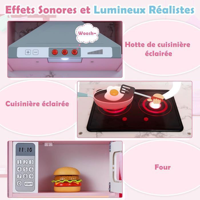 Cuisne Enfants COSTWAY 3 Ans+ en Bois -17 Accessoires, Sons et Lumières, Tableau Noir, Cadeau Idéal  Rose