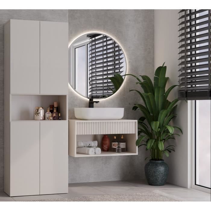 GLAZE - Mueble de baño con cesta de rejilla - Estilo moderno - 174x60x30 cm - Columna de baño - Beige