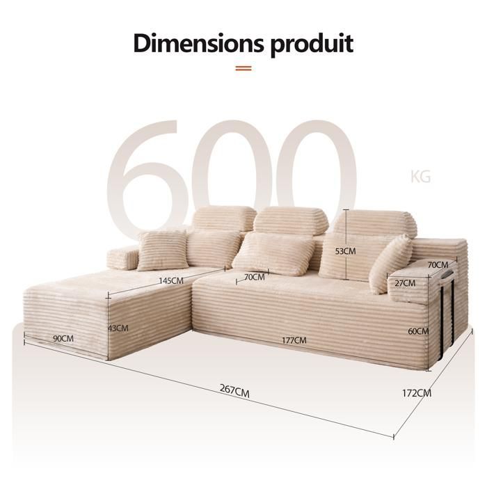 Sofá esquinero reversible con chaise longue, sofá modular de respaldo alto, sofá cama de asiento profundo sin montaje, color beige.