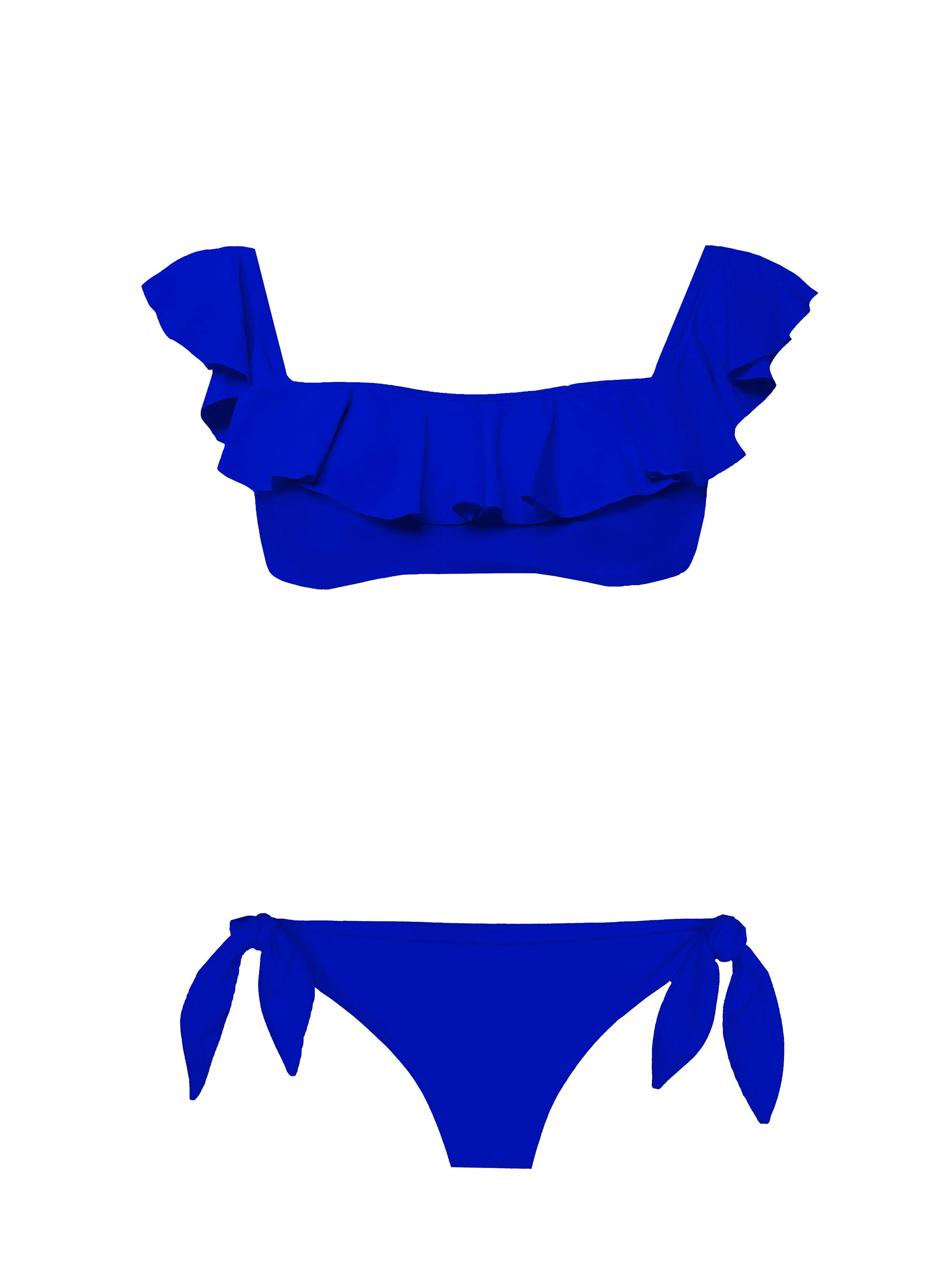 Blauwe bikini met ruches en blote schouders