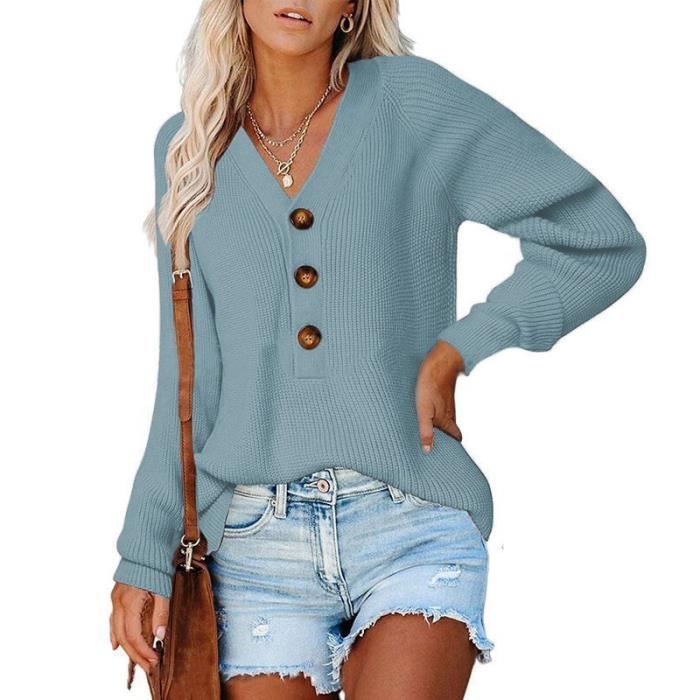 Suéter de mujer de otoño con cuello en V y botones, color liso, manga larga - Azul claro - INSFITY - Adulto