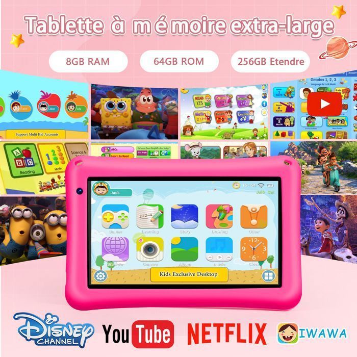 7-inch kindertablet, Android 13, 8 GB RAM, 64 GB ROM, octa-core, 5800 mAh, ouderlijk toezicht, met kindveilige hoes - roze