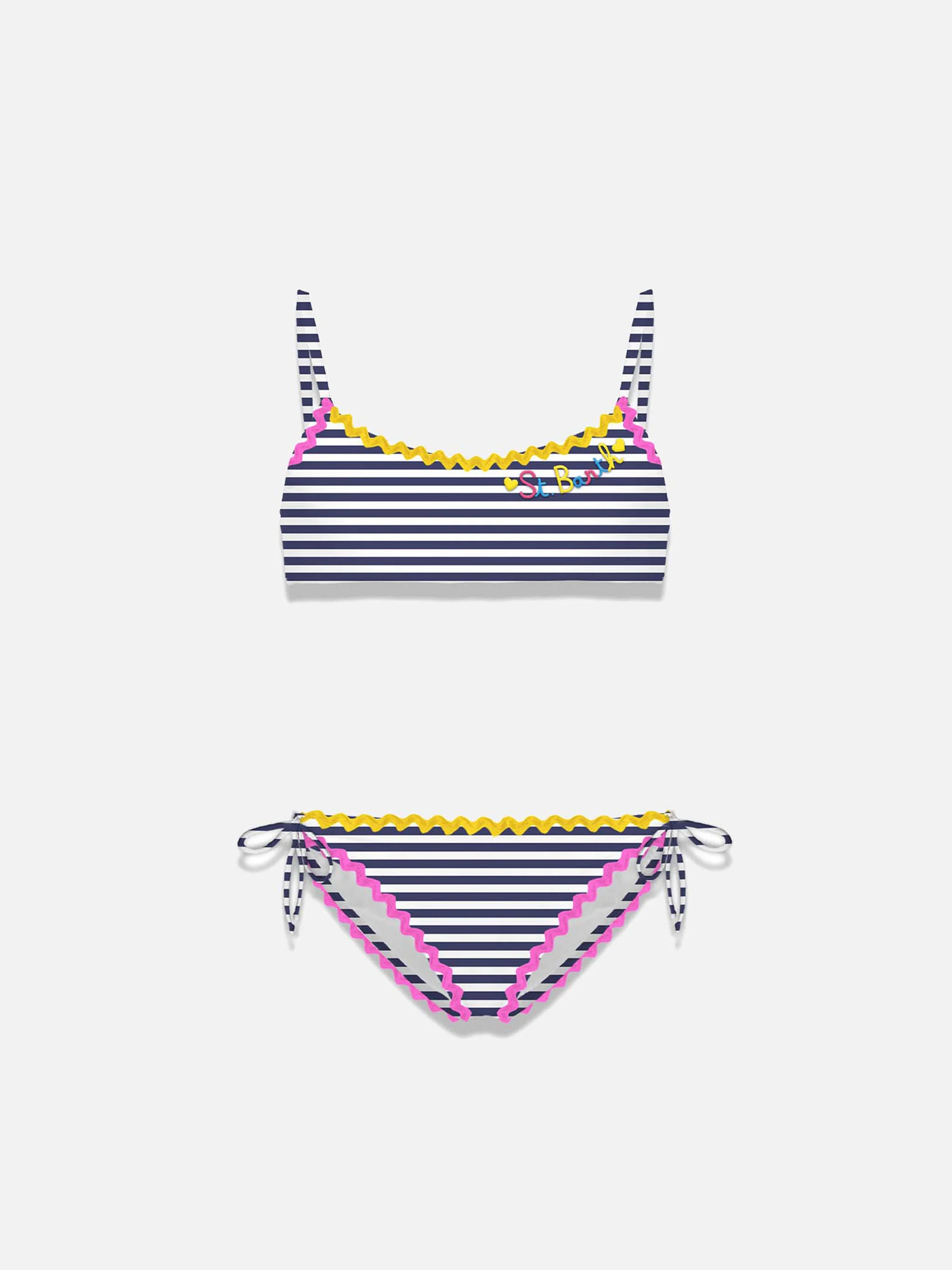 Bikini da bambina a bralette con righe blu navy