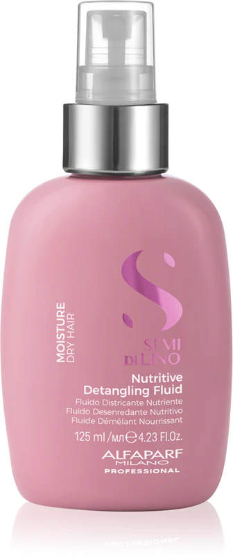 Alfaparf Milano Semi di Lino Moisture Nutritive Detangling Fluid, um tratamento hidratante sem enxágue para desembaraçar facilmente os cabelos.