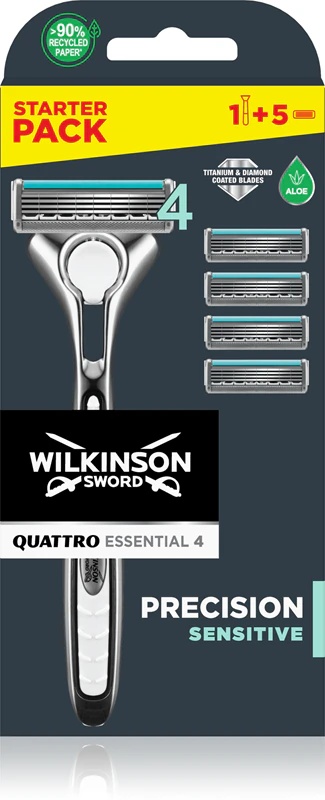 Wilkinson Sword Quattro Titanium Sensitive skustuvas + pakaitiniai peiliukai 4 vnt.
