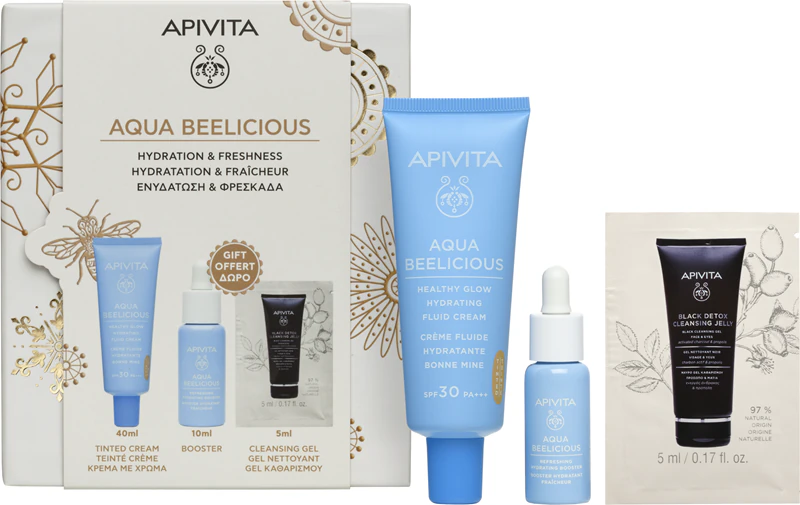 Kit de Hidratação e Cobertura Natural Apivita Aqua Beelicious - Kit de Presente Iluminador e Hidratante para as Festas