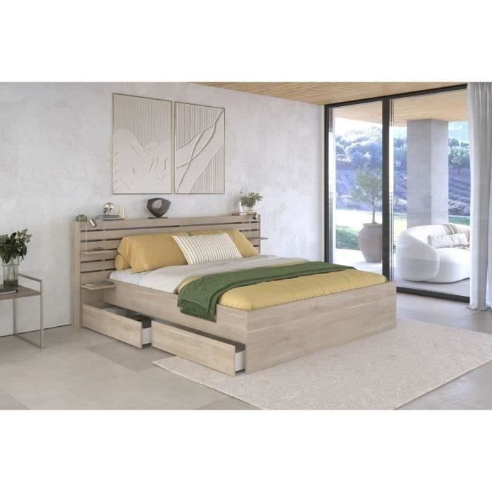 ESCALE Volwassenenbed 180x200 cm - Japanse eikenhouten afwerking - 2 lades + hoofdbord - B235,4 x H98,2 x D216,8 cm - Gemaakt in Frankrijk