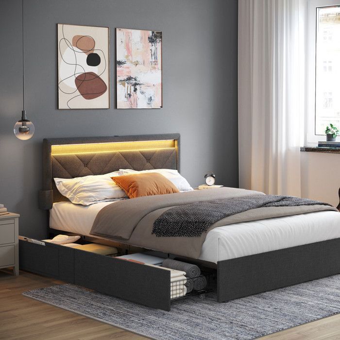 Lit Complet Double, 140 x 190 cm, avec LED, 4 Tiroirs, Multiprise, Tête de Lit Ajustable, Pas Besoin de Sommier, Gris et Noir