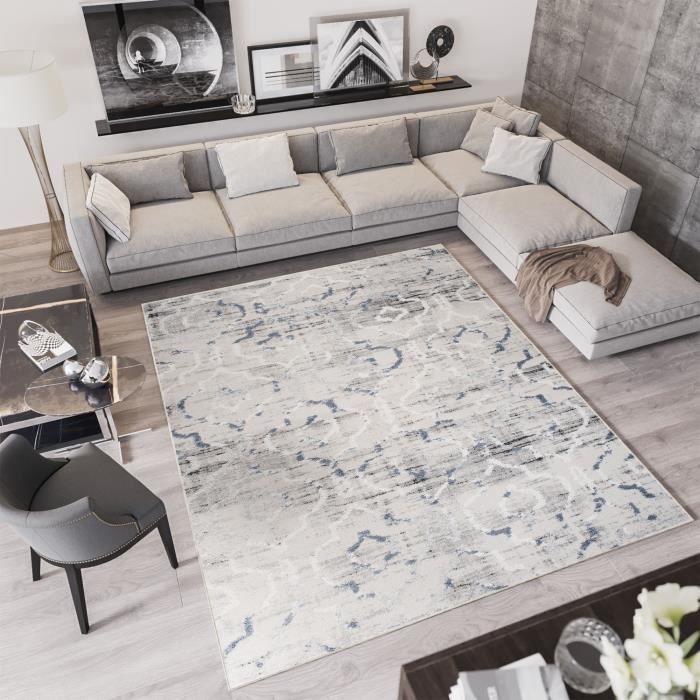 TAPISO Troya Tapis de Salon Chambre Design Moderne Marocain Tacheté Bleu Blanc Doux Frise 200 x 300 cm