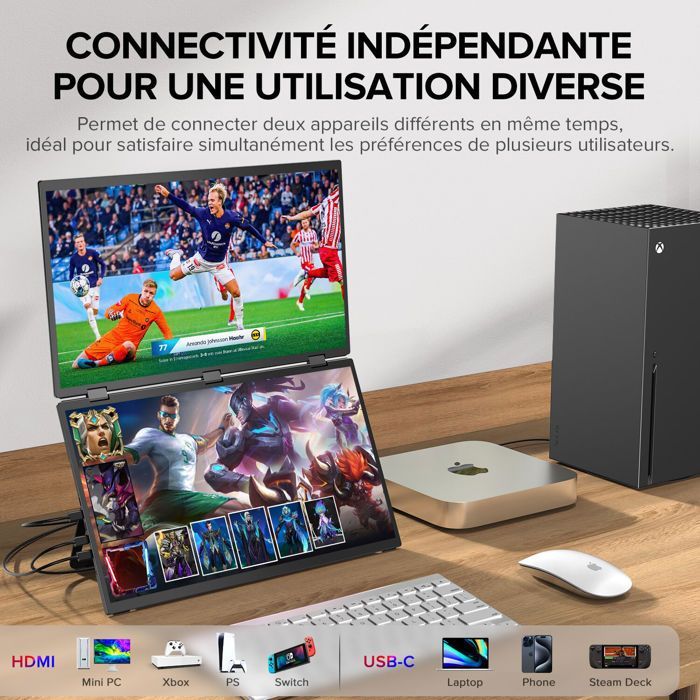 Portátil com tela dupla superior e inferior de 15,6 polegadas e resolução 1080p.