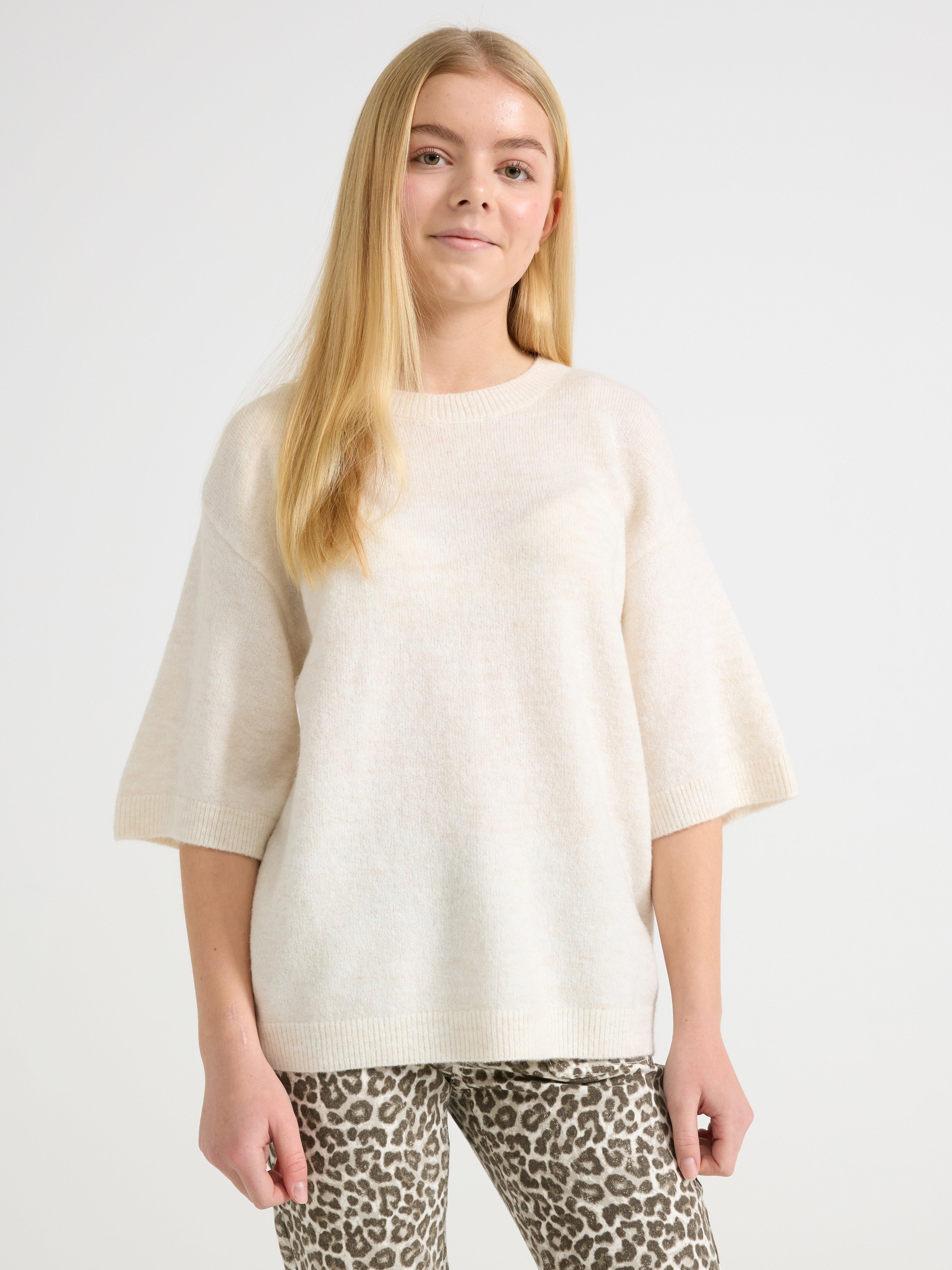 Jersey de punto de manga corta color beige claro jaspeado
