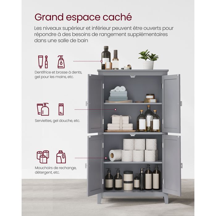 VASAGLE Armoire de Salle de Bain, Meuble de Rangement, Placard de Cuisine avec 4 Portes, Étagères Réglables, 30 x 60 x 110 cm, Gris