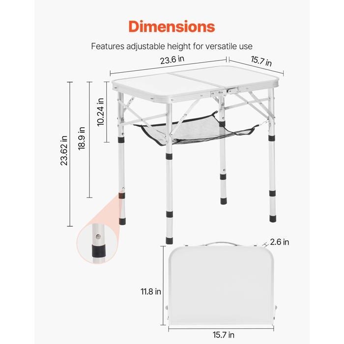 Mesa plegable de camping VEVOR 60x40 cm - Mesa auxiliar portátil - Tablero de malla y asa de transporte - Aluminio MDF - Plateada