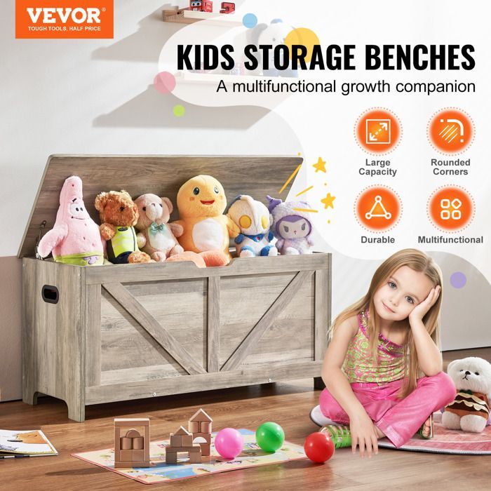 Baúl de juguetes de madera - VEVOR - 990 x 395 x 480 mm - Banco de almacenamiento infantil grande - para sala de juegos, dormitorio - Gris