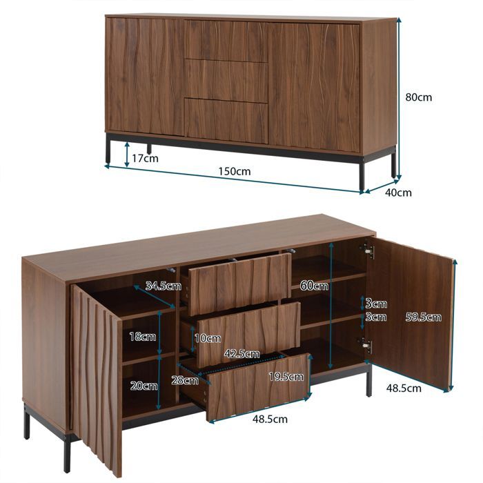 POCKETPOP Buffet avec 3 tiroirs - 2 portes - buffet de cuisine - L/H/P : 150 x 80 x 40 cm - Marron foncé