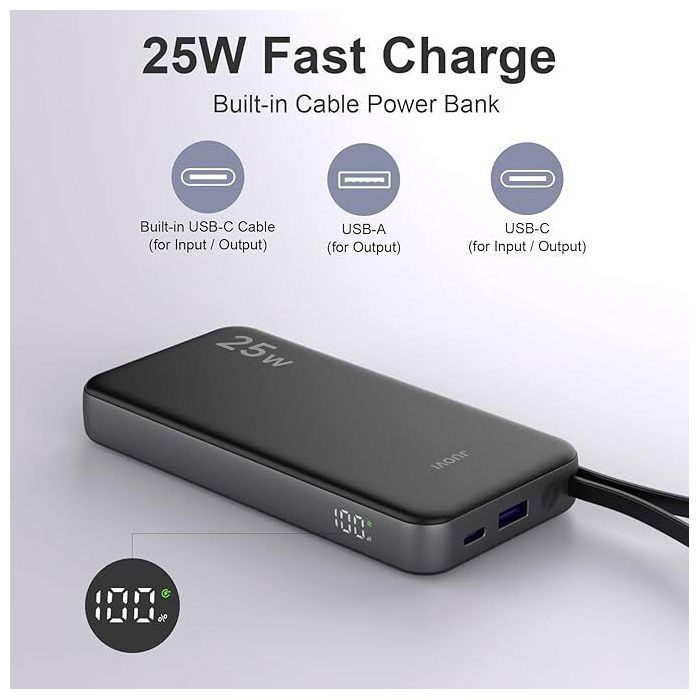 JUOVI 10000mAh 25W externt batteri, powerbank med integrerad USB-C-kabel, tvåvägs snabbladdning, LED-display, grön