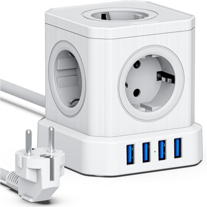 Regleta cúbica 9 en 1 con USB, 5 tomas de corriente europeas, 3 puertos USB-A y 1 puerto USB-C, 4000 W, con interruptor y cable de extensión de 2 m.