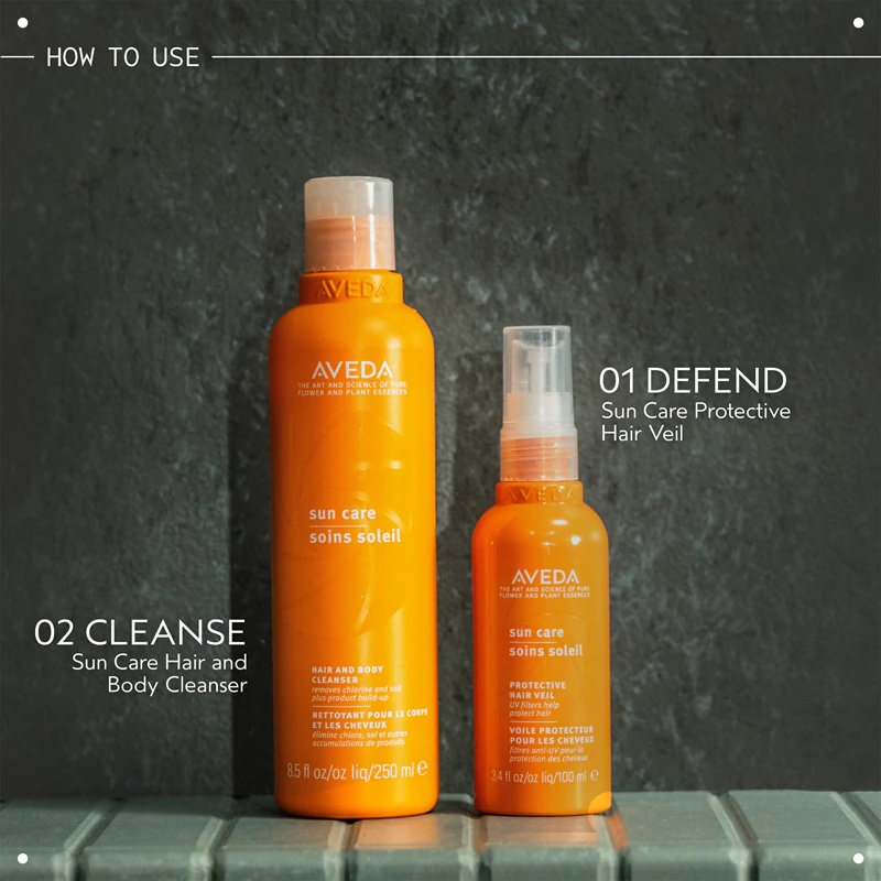 „Aveda Sun Care“ apsauginis plaukų šydas vandeniui atsparus purškiklis plaukams, veikiamiems žalingų saulės spindulių.