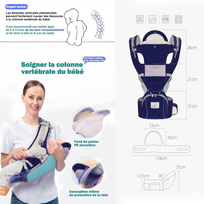 Ergonomic, Physiological, Multifunctional Baby Carrier with Hip Seat and Multiple Pockets for Babies 0-36 Months - Dark Blue