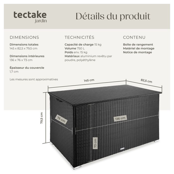 Rangement d'extérieur - TECTAKE - Coffre de jardin OSLO en aluminium et polyrotin avec revêtement intérieur amovible - Noir