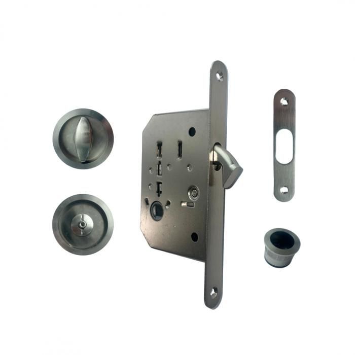 Sliding door lock with hook, 50mm backset, round rosettes, deadbolt + finger pulls + strike plate