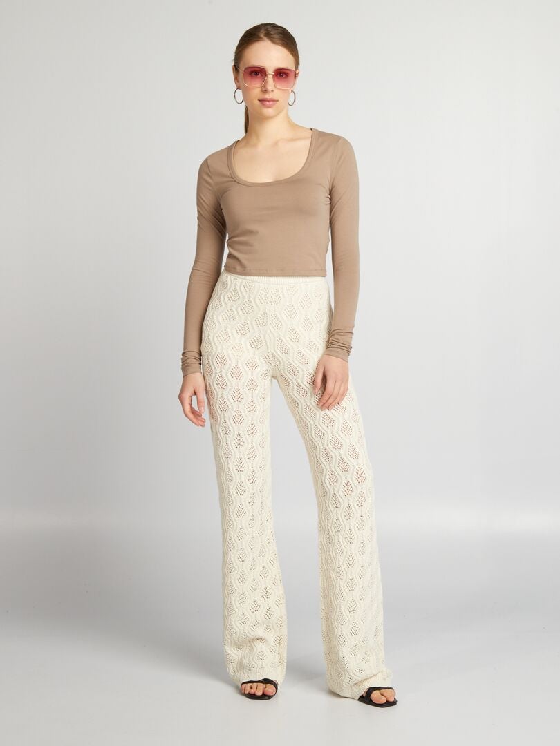 Crop top met lange mouwen - BEIGE