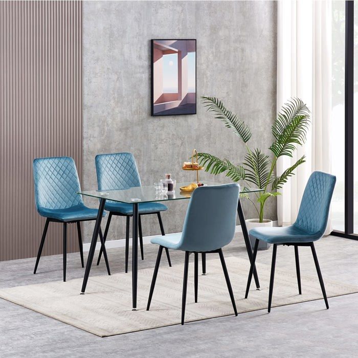 mcc direct Lexi Lot de 4 chaises de salle à manger design en velours avec pieds en métal Bleu clair