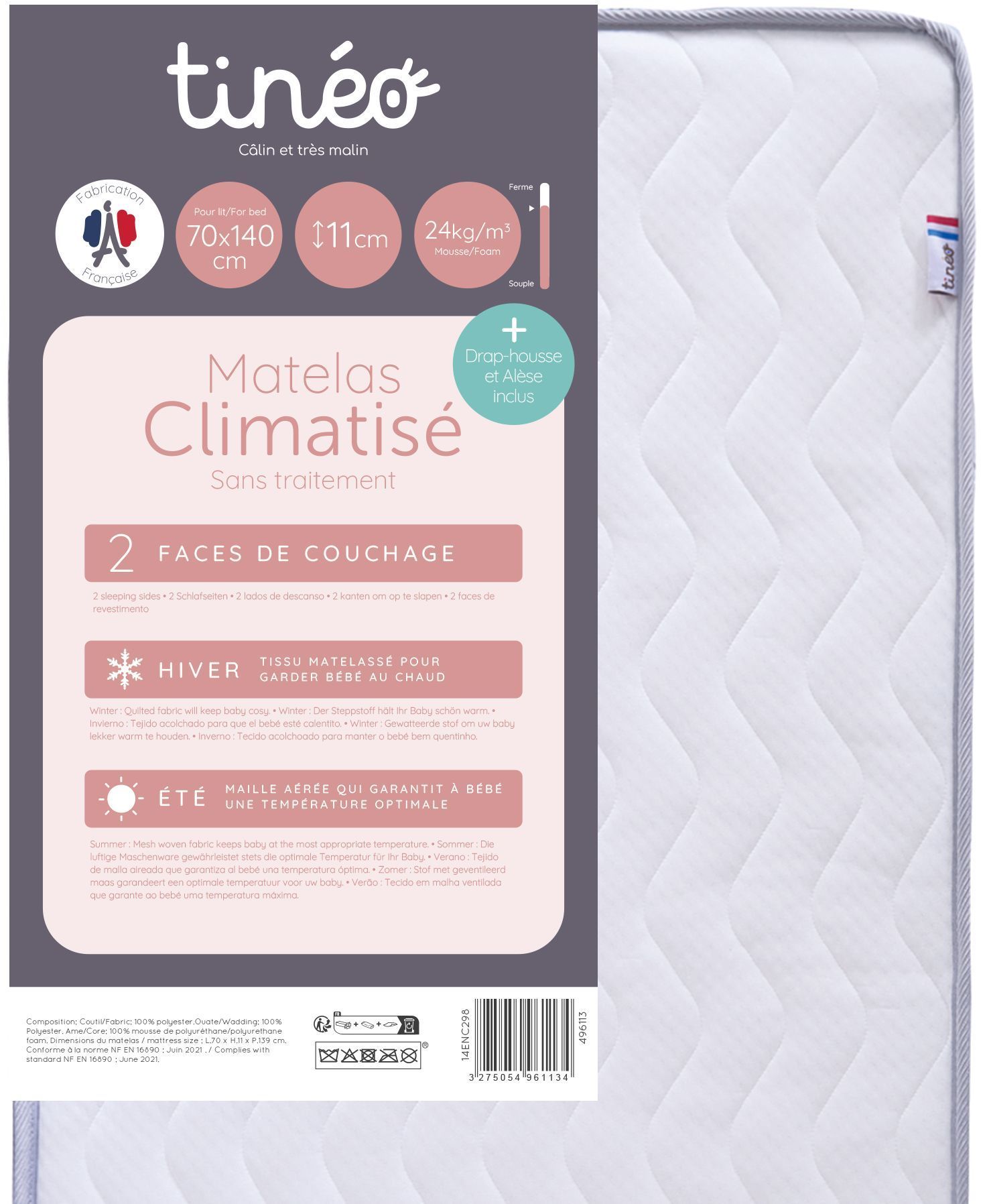 Klimatisierte Babymatratze – 70 x 140 cm – 11 cm dick – mit Spannbettlaken und Matratzenschoner – TINEO