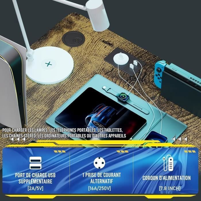 Bureau Gaming en Forme de L Marron - Étagères Rangement - Port de Charge USB - Prise de Courant