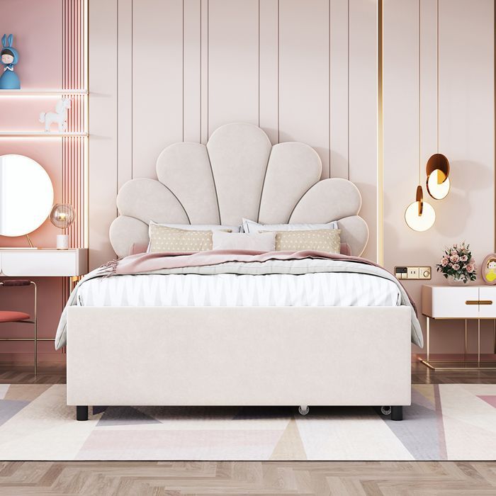 Cama infantil de 90x200 cm. Cama individual con 2 compartimentos de almacenamiento. Cama de invitados de terciopelo beige.