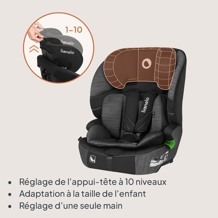 Silla de coche convertible LIONELO Levi Fix i-Size - ISOFIX - 76-150 cm - Asiento ancho - Grupo 1/2/3 - Gris
