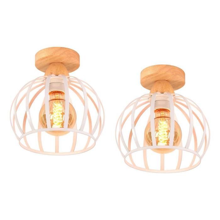 Lámpara de techo - iDEGU - Estilo vintage - Metal y madera - E27 - 20 cm - Blanca
