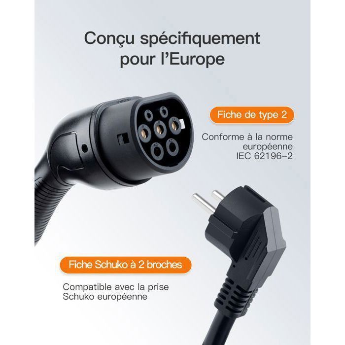 3,68 kW 16A 6M, regelbare stroomsterkte, Type 2 laadkabel voor elektrische auto's met led-display en timerfunctie, IP65