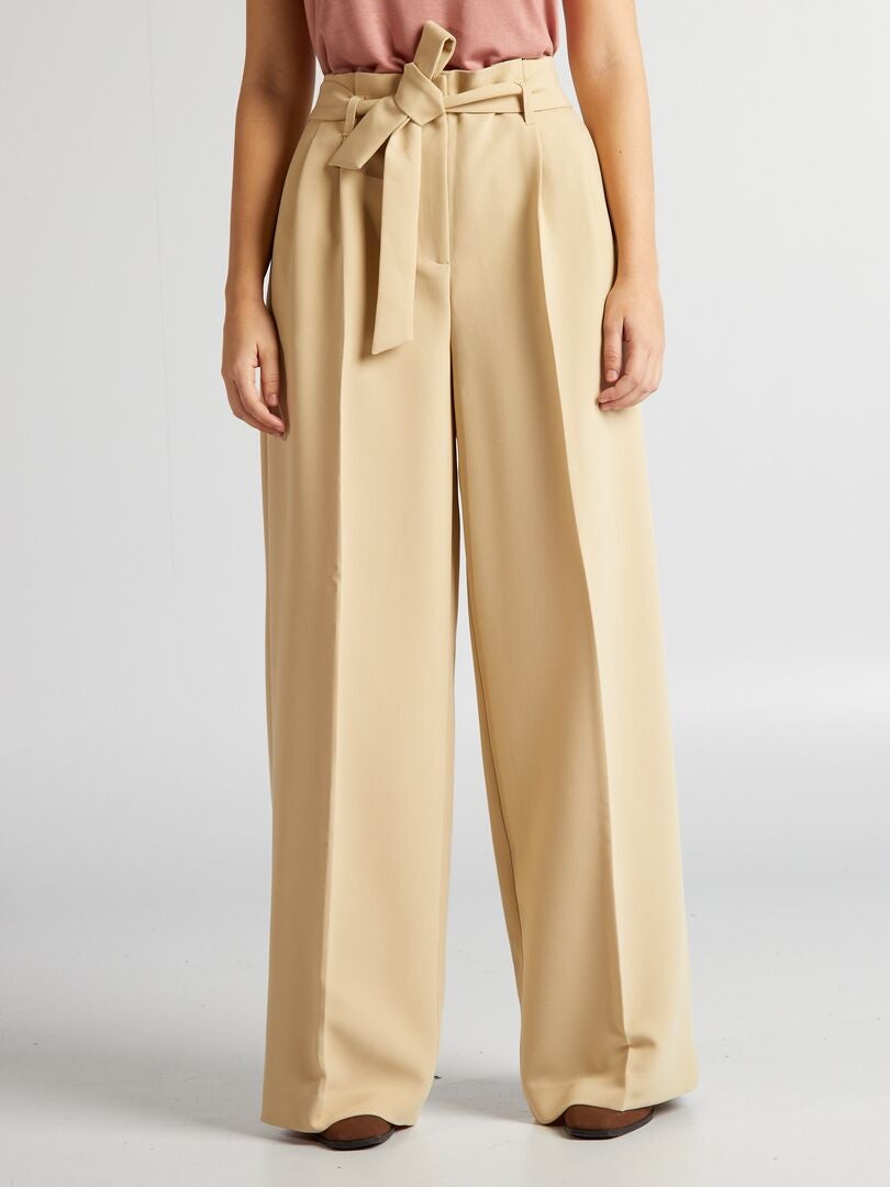 Wijde broek met riem - BEIGE