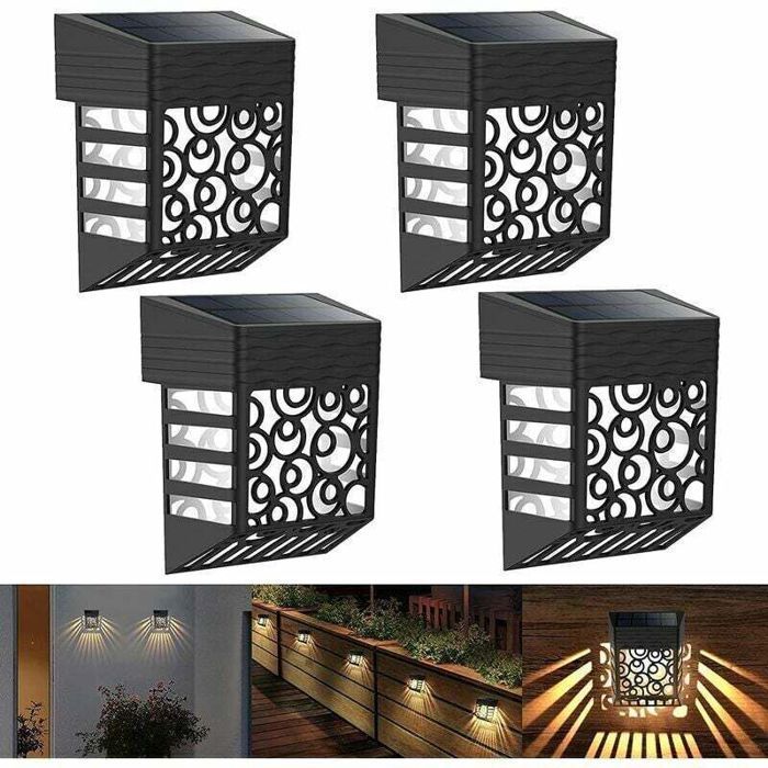 Lampe Solaire Exterieur Jardin, 4 Pack Lampe de Clôture Solaire Éclairage Mural D'extérieur IP54 Étanche Lumière Solaire Extérieure