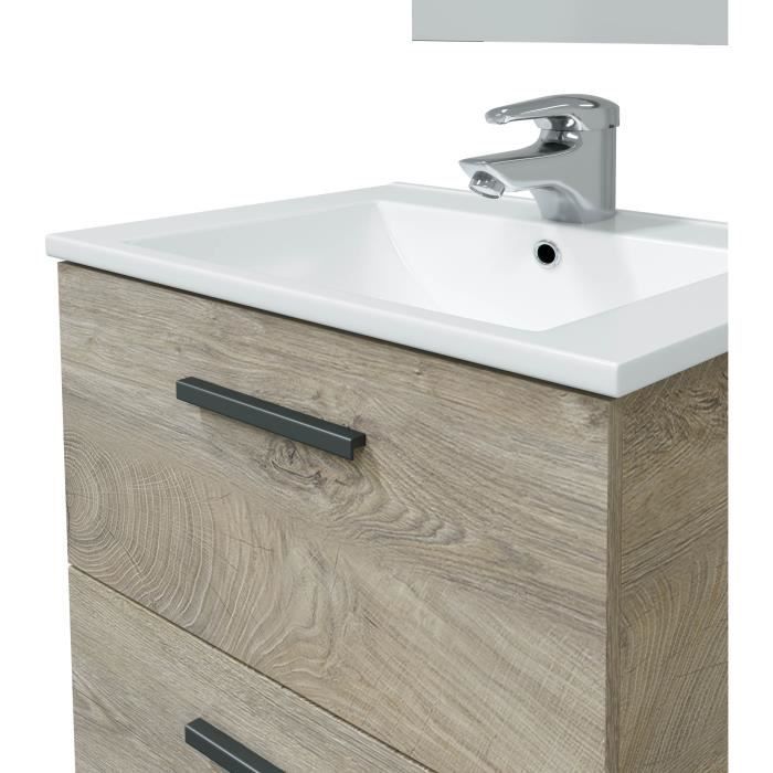 Mueble de baño suspendido, 60 cm de ancho - 2 cajones - Acabado en roble Alaska - Espejo - ARUBA
