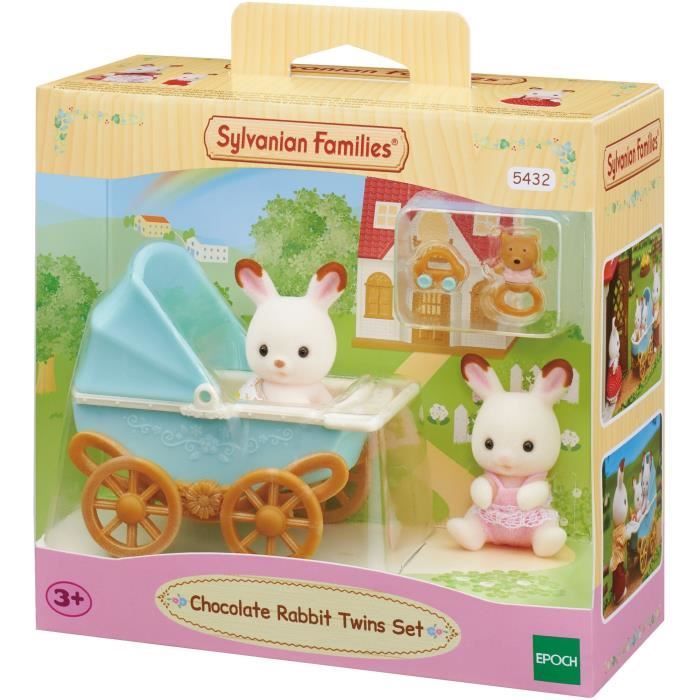 Miniature figurines - SYLVANIAN FAMILIES - Chocolate Rabbit twins and their double stroller