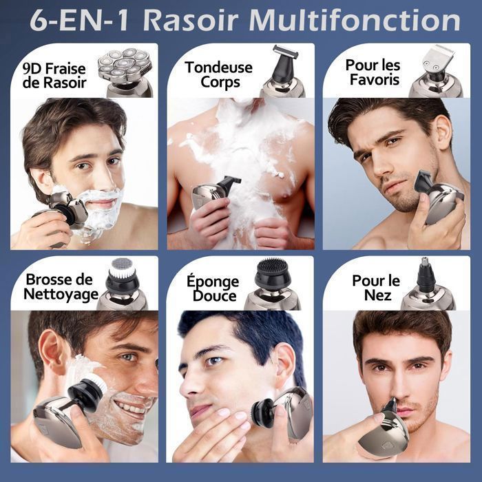Afeitadora eléctrica SEABUTY 6 en 1 para hombre - Cabezal flexible 9D, resistente al agua IPX6 - Uso en seco y húmedo - Portátil con pantalla