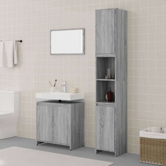 Ensemble de meubles de salle de bain - KALISSE - Sonoma gris - Bois d'ingénierie - Miroir 60x37 cm
