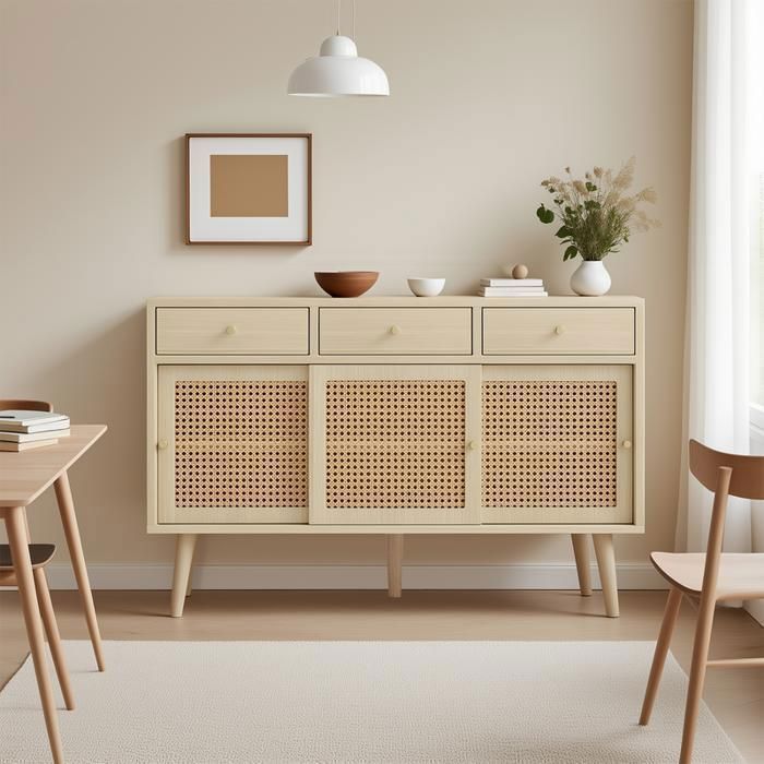 MUEBLES COSITIVOS Aparador retro de madera de roble con 3 cajones, 3 puertas correderas de ratán y estantes ajustables – 120x40x78 cm